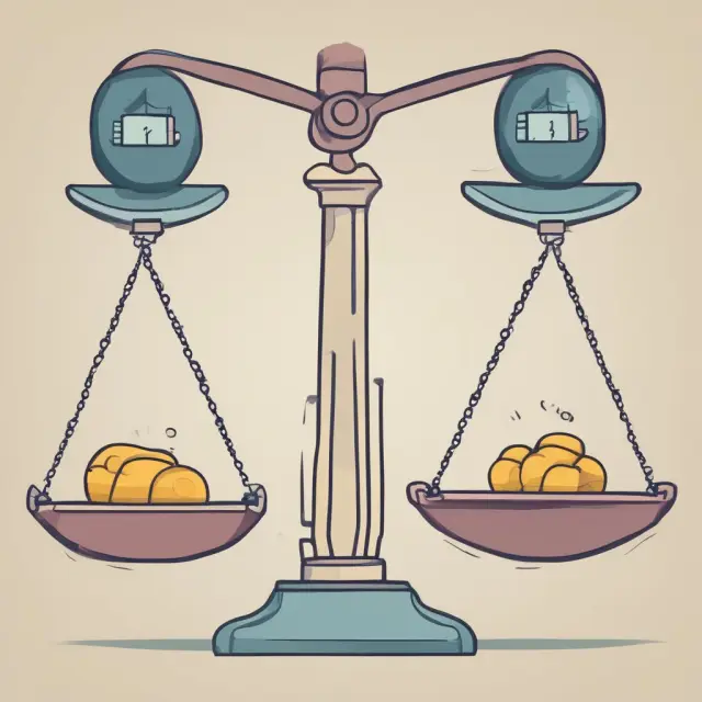 Scale with assets (money bags) versus liabilities (debt notes), symbolizing individual financial health through debt-to-equity ratio assessment.