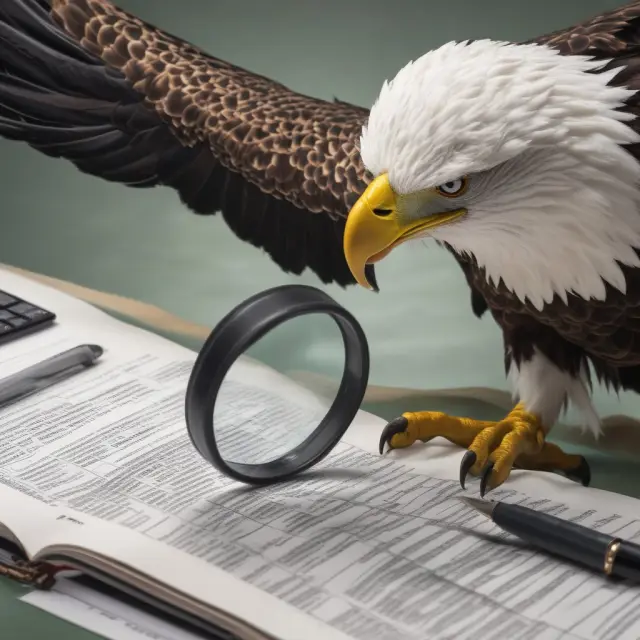 An institutional investor analyzing D/E ratios for companies using a magnifying glass and eagle eye, emphasizing careful evaluation of financial risk.