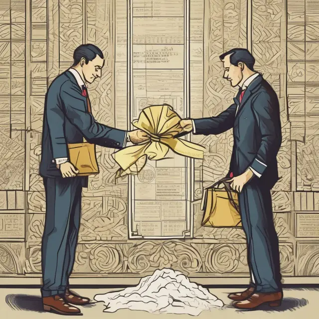 Two figures, one representing a debtor and the other a creditor, engage in a financial transaction, with the debtor handing over debts to the creditor in exchange for golden share bundles