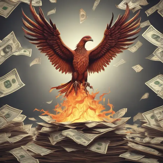 A phoenix emerging from a pile of financial documents, representing the debt reorganization process involving debt/equity swaps during bankruptcy proceedings.