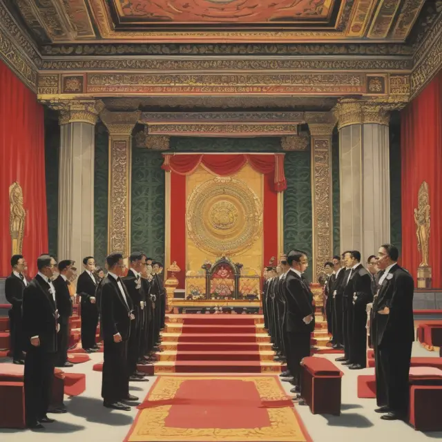 A bond issuance ceremony taking place at a grand financial temple, with investors in attendance, representing debt financing