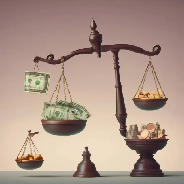 Two scales with one side holding a pile of interest rates, the other side balanced by tax savings. Inscription reads 