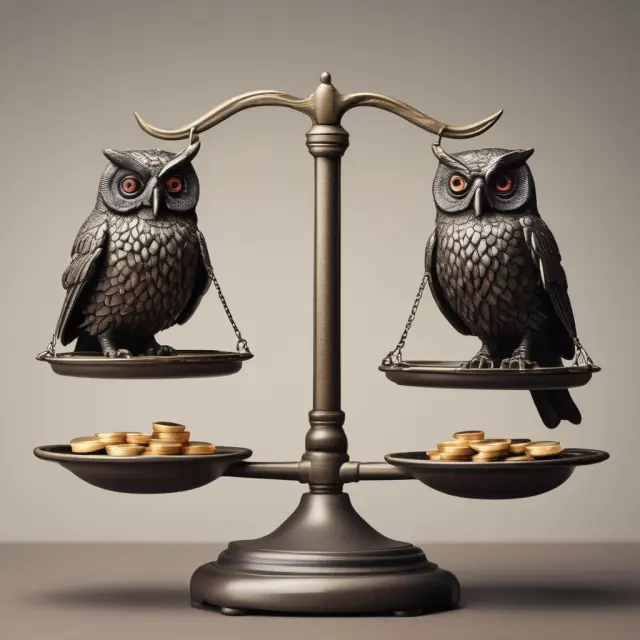 Owl representing debt financing on one scale, while an investor symbolizing equity financing balances the other. Illustrating the choice between debt and equity financing in business growth.