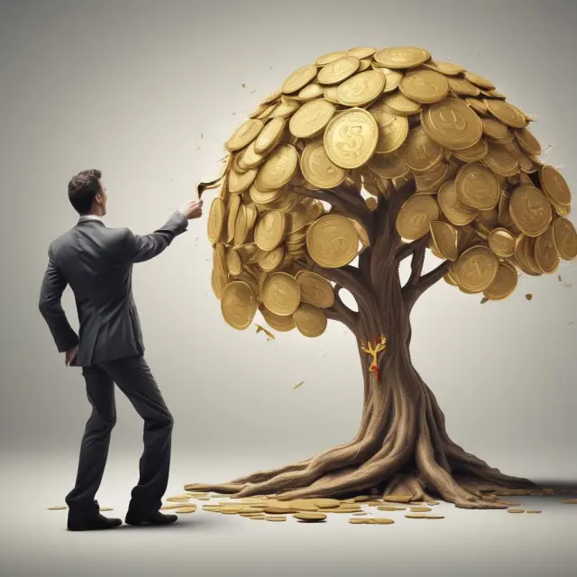 Golden coin tree symbolizes debt financing, offering tax benefits and enabling growth potential while preserving ownership.