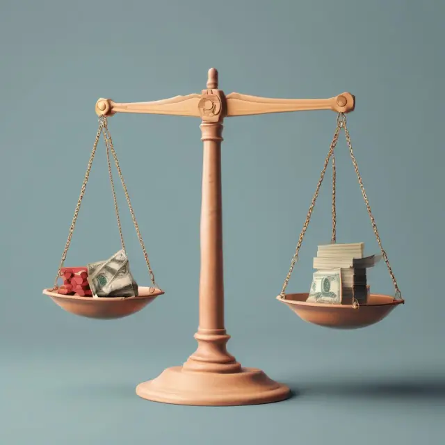 Image of a balance scale with one pan filled with gold coins (representing profits) and the other overflowing with silver coins (representing interest payments)