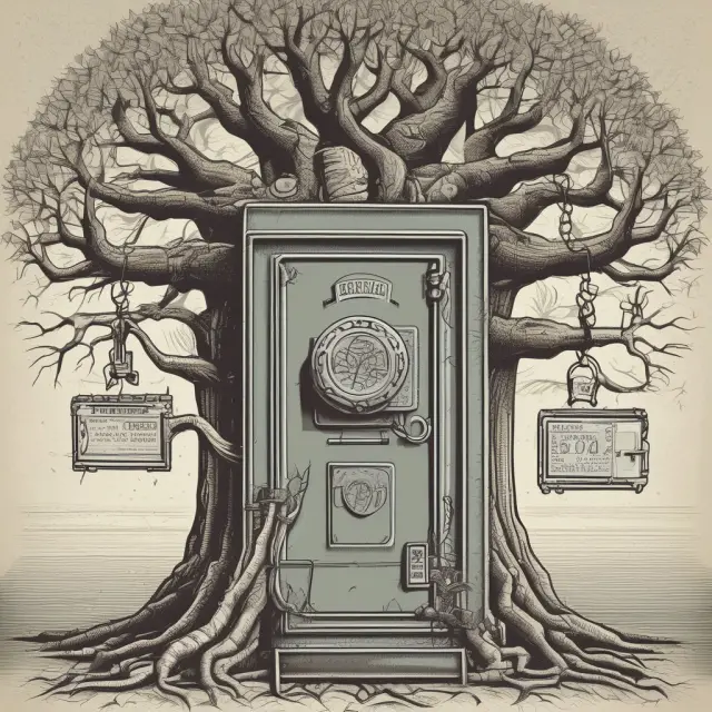 An image of a tree with its roots spreading out and intertwining between a bank vault and a credit card, representing the different types of debt financing: bank loans and credit cards