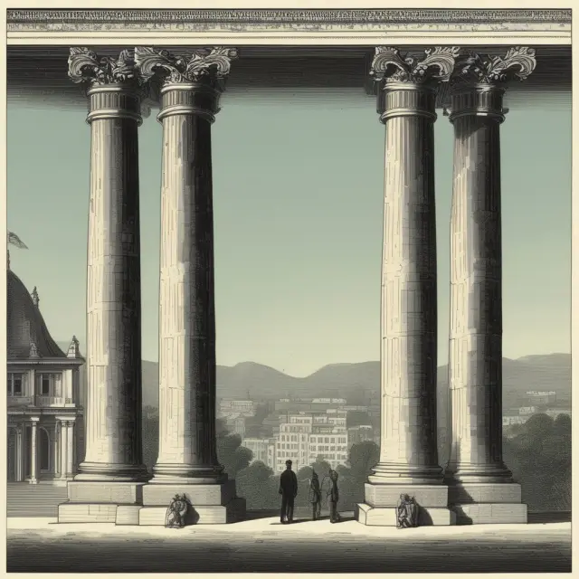 Two pillars symbolizing passive ETFs, iShares U.S. Treasury Bond ETF (GOVT) and iShares Core U.S. Aggregate Bond ETF (AGG), forming a financial arch for stable income generation