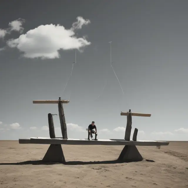 A visual metaphor of debt-to-GDP ratio with a seesaw representing economies, one side burdened by debt, the other thriving.