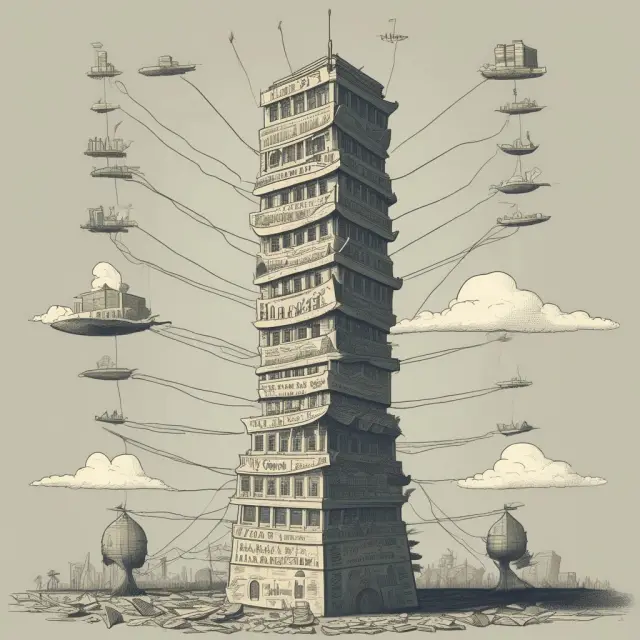 A towering structure composed of varying debt-to-GDP ratio segments from around the world