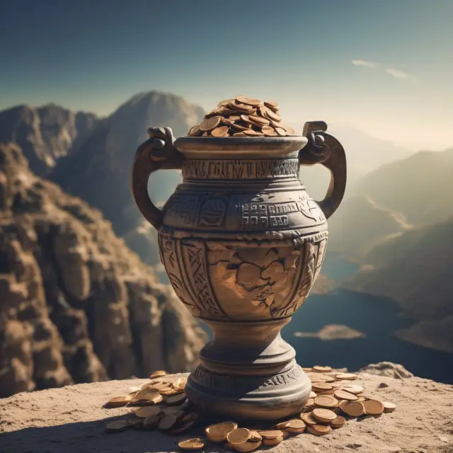 An ancient Greek amphora precariously balanced atop a towering pile of coins representing Greece, Japan, and Venezuela
