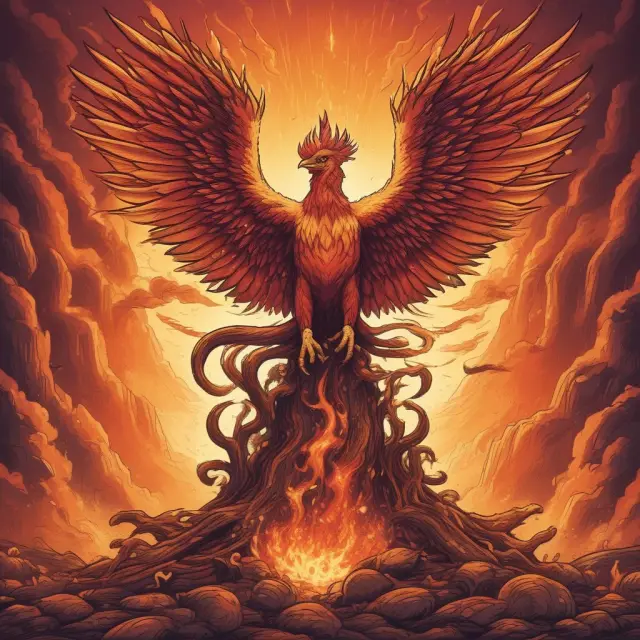 A phoenix, symbolizing financial stability and renewal, rising above a pile of debts while balanced GDP scales reflect the importance of considering both debt levels and economic growth