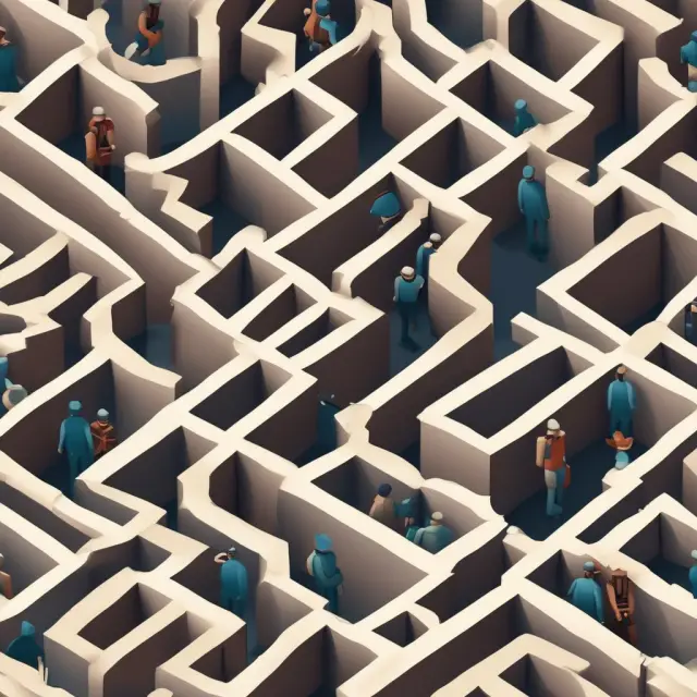 An image of a labyrinthine maze filled with interconnected chains, symbolizing the complex relationship between debtors, their obligations, and potential legal repercussions