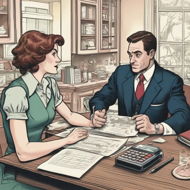 Sally (debtor) signs mortgage papers while a banker (creditor) looks over.