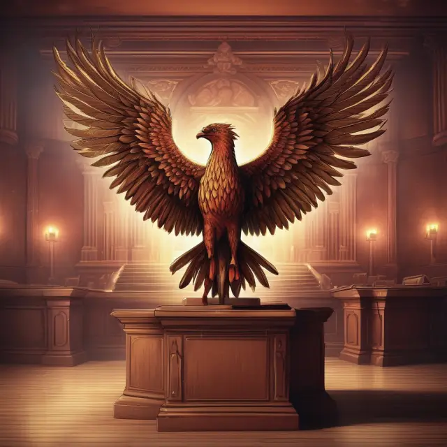 A phoenix rising from the courtroom ashes, symbolizing a debtor in possession