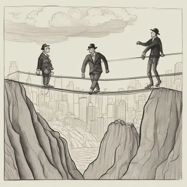 A bankrupt business balances on a tightrope, holding DIP financing in one hand to meet ongoing expenses and creditor expectations with the other