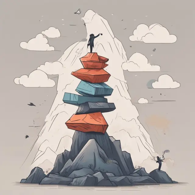 Image of a company on a mountain of debts with options for debt cancellation, defaulting, insolvency/bankruptcy, or converting debt to equity as stepping stones towards financial recovery