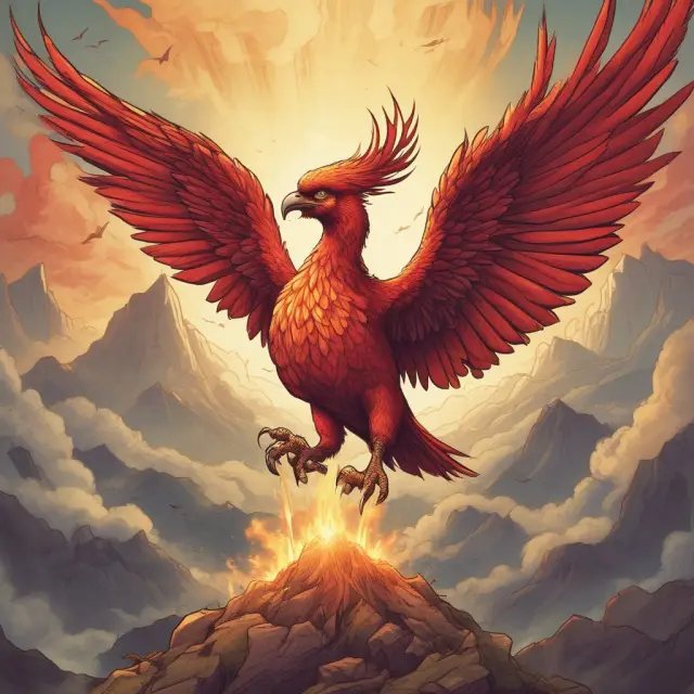 A mythical Phoenix rises from a towering pile of debt, representing the transformation through debt restructuring or refinancing