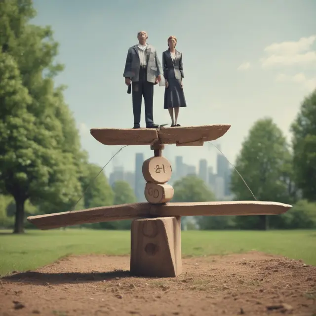 Financial institutions and debtors balanced on a seesaw, symbolizing the impact of lending decisions on debt overhangs