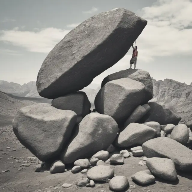 An individual with heavy burden of debt, struggling to move forward while boulders represent the debt overhang.