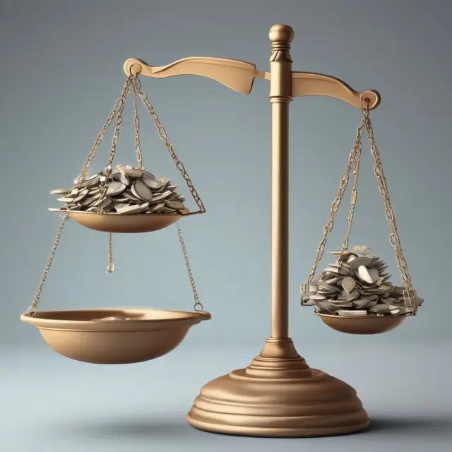 Image of large scales with assets on one pan and debt on the other, showing balance between a company