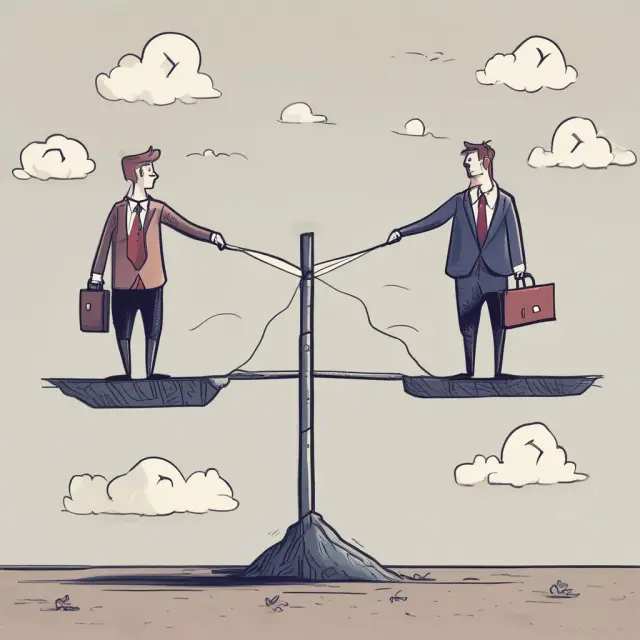 A business walks the tightrope between debt and equity, with interest payments weighing it down, illustrating high debt ratios