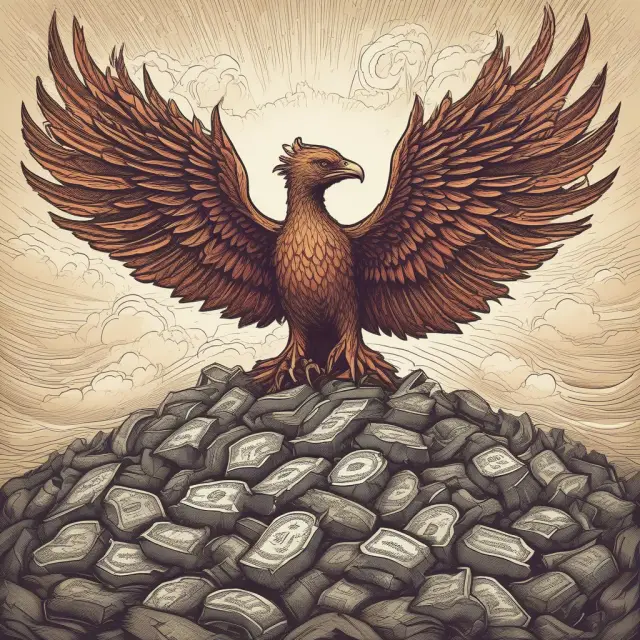 An image of a mythical Phoenix emerging from a stack of financial documents, emphasizing debt restructuring and new beginnings