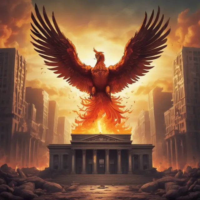 A mythical Phoenix rising above financial ruin and creditors, illustrating debt restructuring