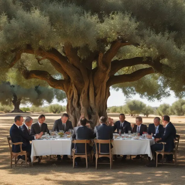 Debtors and bondholders discussing new debt terms under a symbolic, resilient tree