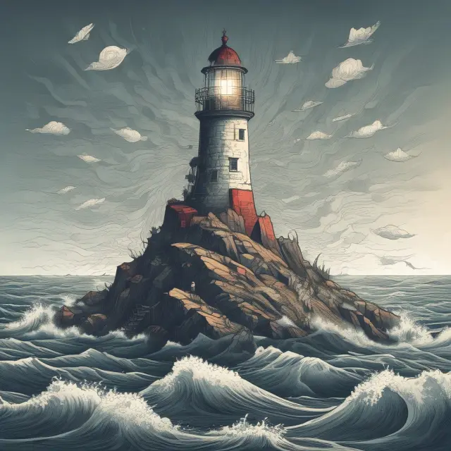 A person sailing through choppy waters, guided by a beacon of light (a lighthouse) representing reputable debt relief companies