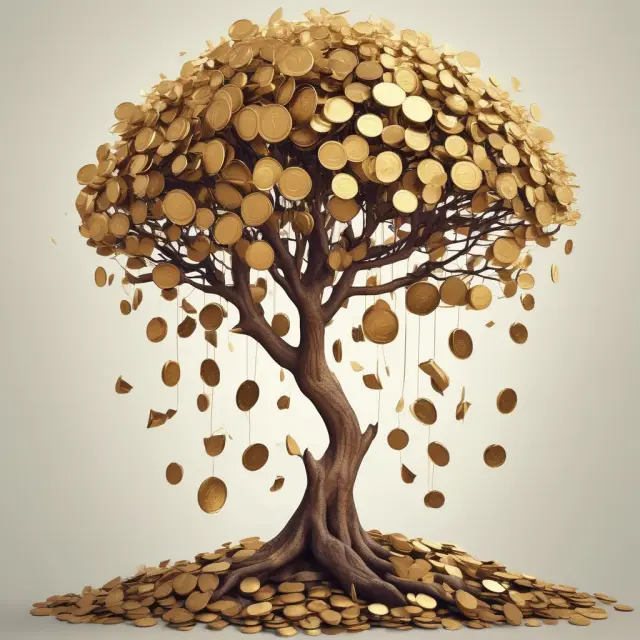 A golden tree providing a steady stream of coins as representation of dependable debt securities and their income benefits