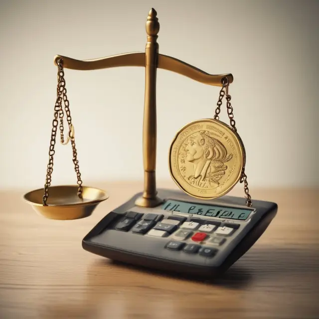 Golden coin depicting a tax calculator balanced between two scales labeled 