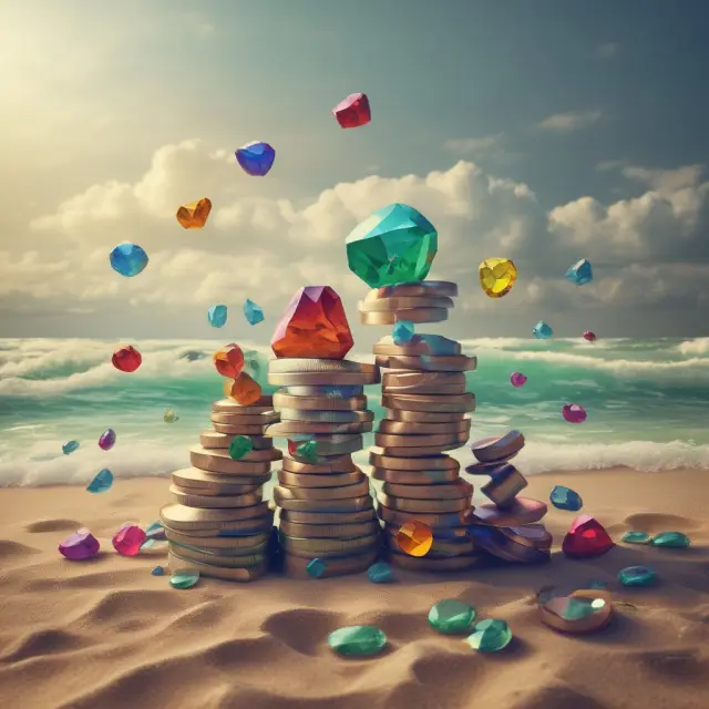An assortment of precious gems symbolizing diverse debt securities, arranged on a financial trellis, with interwoven credit ratings and interest returns