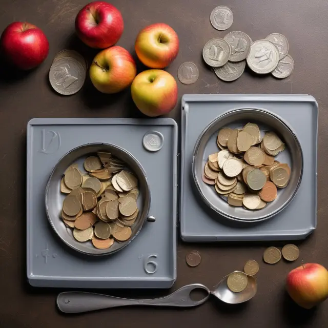A pair of scales with coins symbolizing monthly debts on one side and apples as monthly income on the other side, highlighting the Debt-to-Income (DTI) ratio concept.