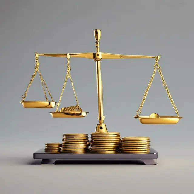 Golden scale with coins representing payments for interest and principal, demonstrating debt servicing