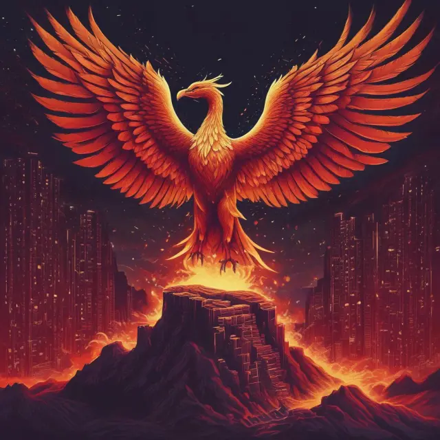 An image of a mythical Phoenix emerging from a block of code with dApp logos around it, representing the origins and development of decentralized applications