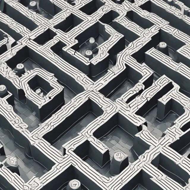 An intricate maze representing the challenges of scalability, UI design, and code modifications in decentralized applications