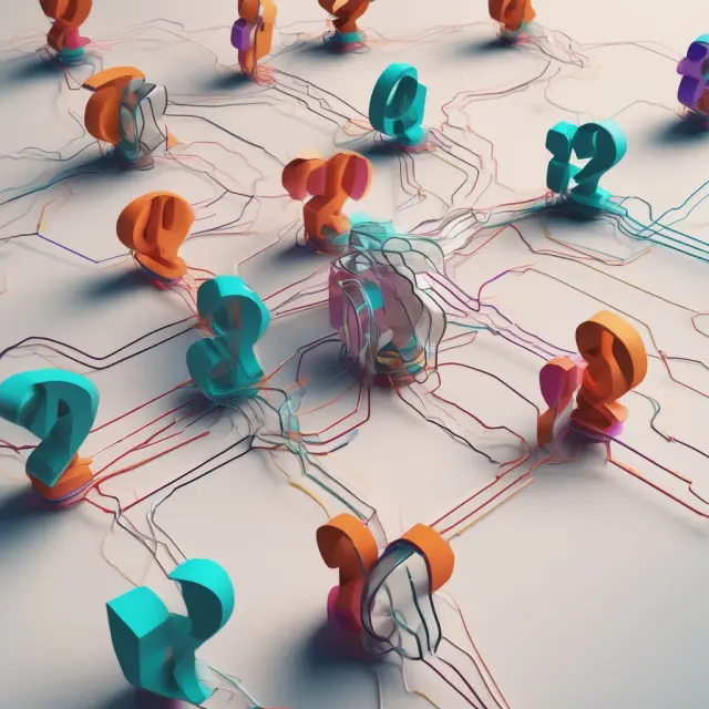 Interconnected question marks form a decentralized network, representing frequently asked questions about decentralized applications