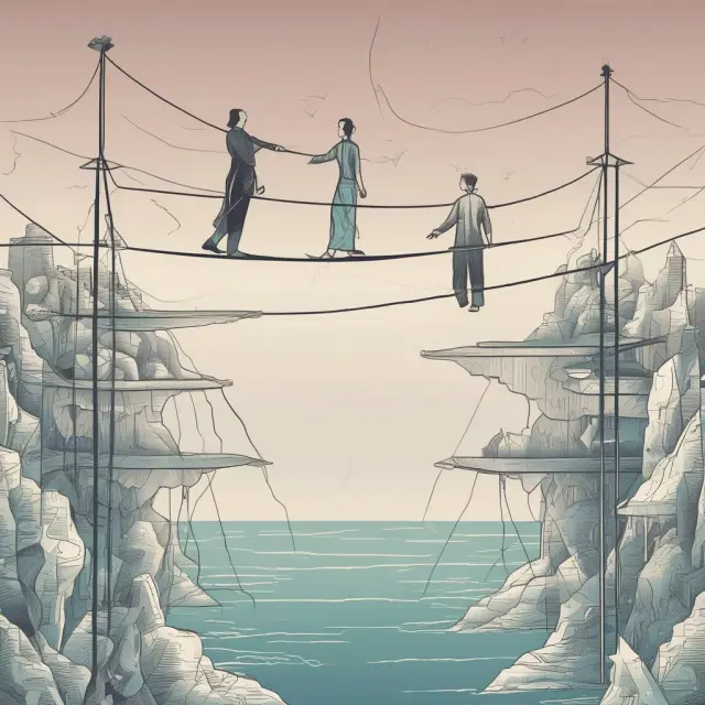 Two figures on a tightrope, one analyzing data and the other implementing decisions, symbolizing Decision Analysis