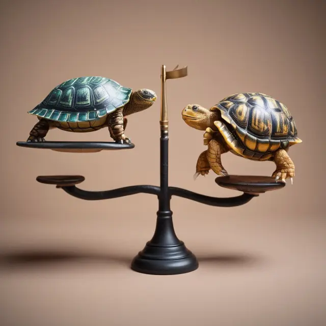 An image of a balanced scale with an intuitive bird on one side and a data-driven tortoise on the other, illustrating the comparison between decision analysis and intuition.