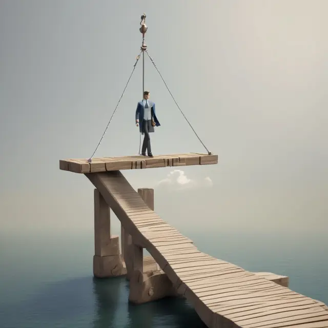 A person standing on a scale, representing decision analysis, precariously balancing on a bridge with probabilities as supports