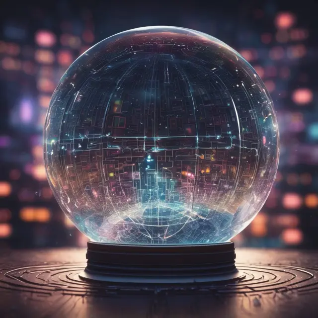 Crystal ball showcasing AI algorithms amidst data streams representing DSS