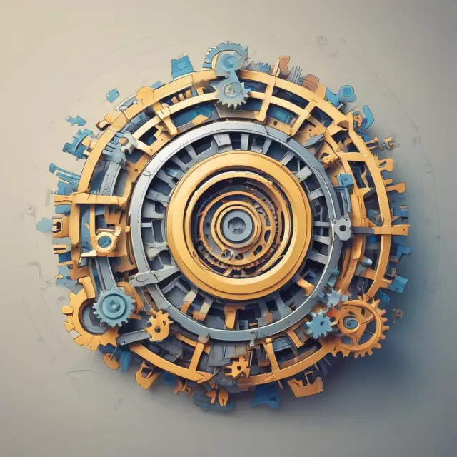 An intellectually engaging scene of interconnected gears representing a Decision Support System (DSS) in action, meticulously processing financial data.