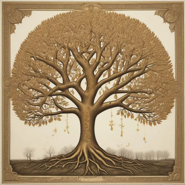 Golden tree representing a declaration of trust, with assets branching out, and roots anchored to the grantor. Fruits symbolize benefits for beneficiaries.