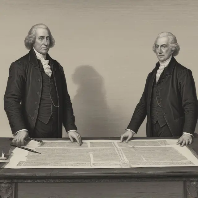 Three figures (grantor, trustee, beneficiary) engaging in a collaborative process over the Declaration of Trust document on a drafting table