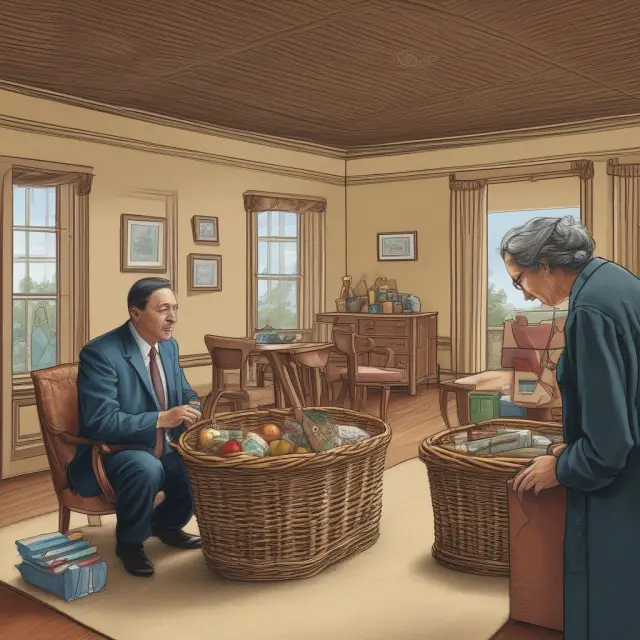 An illustration of a grantor transferring assets to a trustee, who holds a basket, with a beneficiary looking on