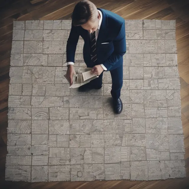 A trustee meticulously working on assembling a complex mosaic of legal documents and various assets, symbolizing the intricacies of managing a declaration of trust