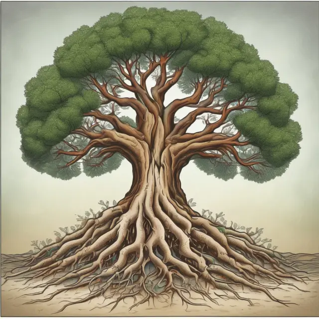 An ancient tree symbolizing trustee succession, with roots from one generation intertwining and nurturing the next