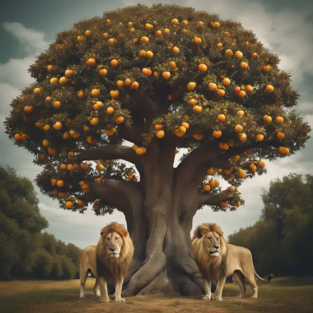 Golden apple tree with a protective lion, representing the benefits of using a declaration of trust for estate planning and asset protection.