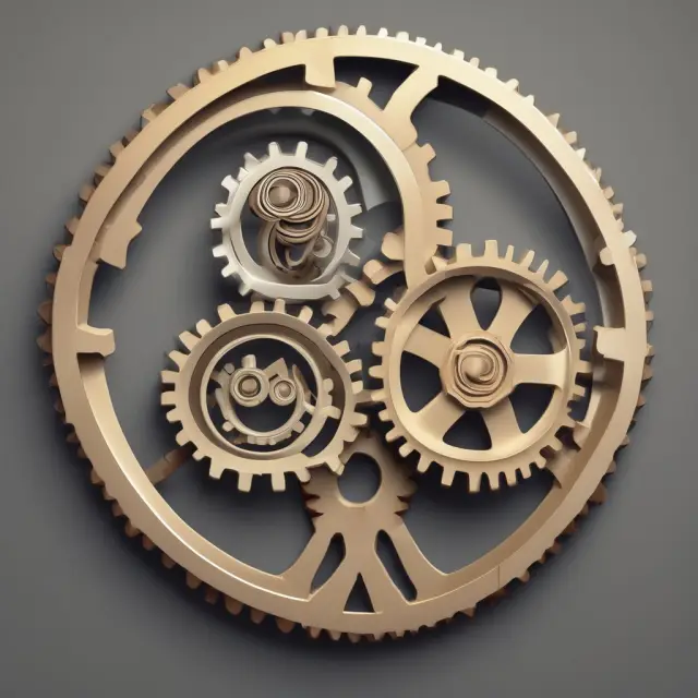 Two entwined gears symbolizing the double-declining balance method: one ages rapidly, the other slows down.