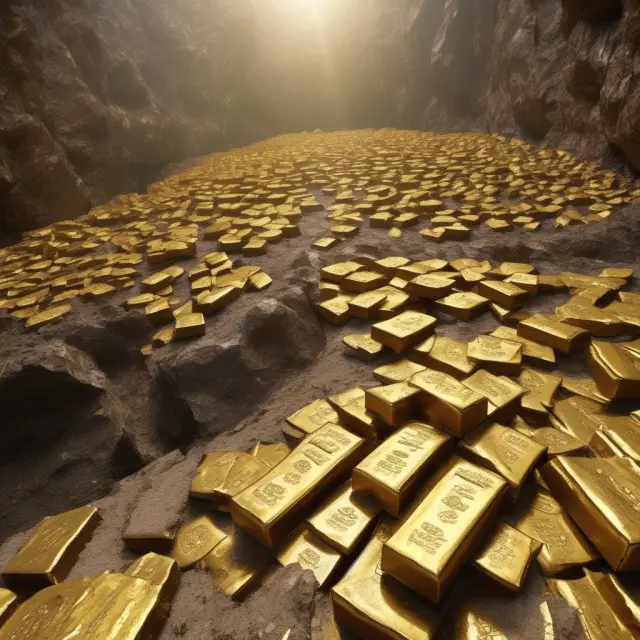 Gold and mining stocks weaving apart, symbolizing market decoupling. Gold bars and mining trucks on a thread loom.